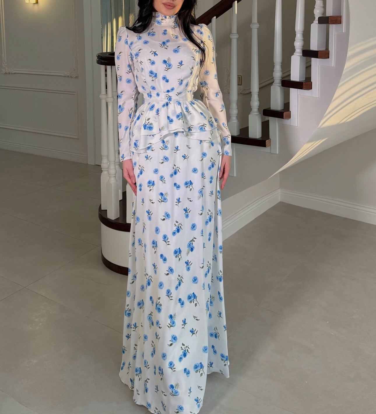 Blue Printed Long Dress