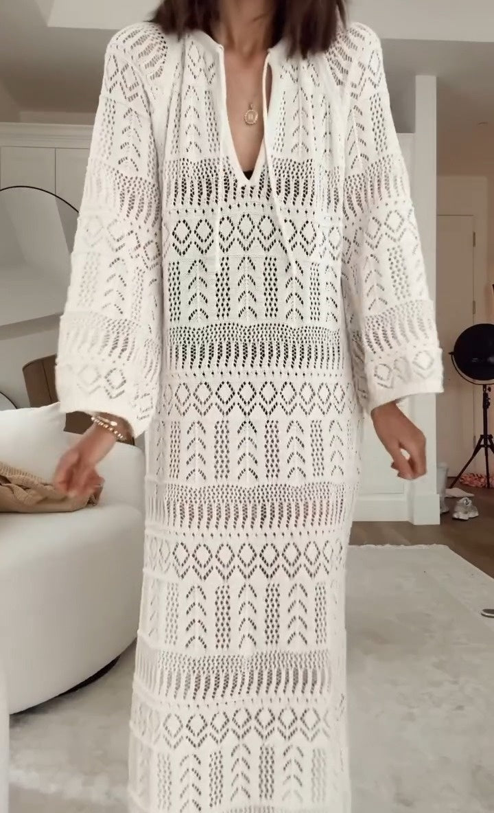 Lace Knit Long Sleeve Cover-Up Midi Dress
