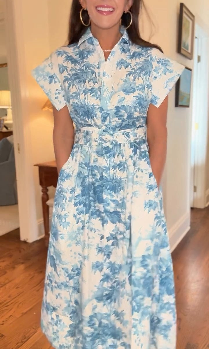 Women's Floral Short Sleeve Button Down Dress