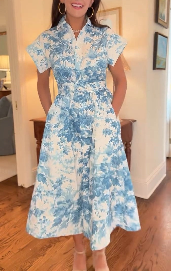 Women's Floral Short Sleeve Button Down Dress