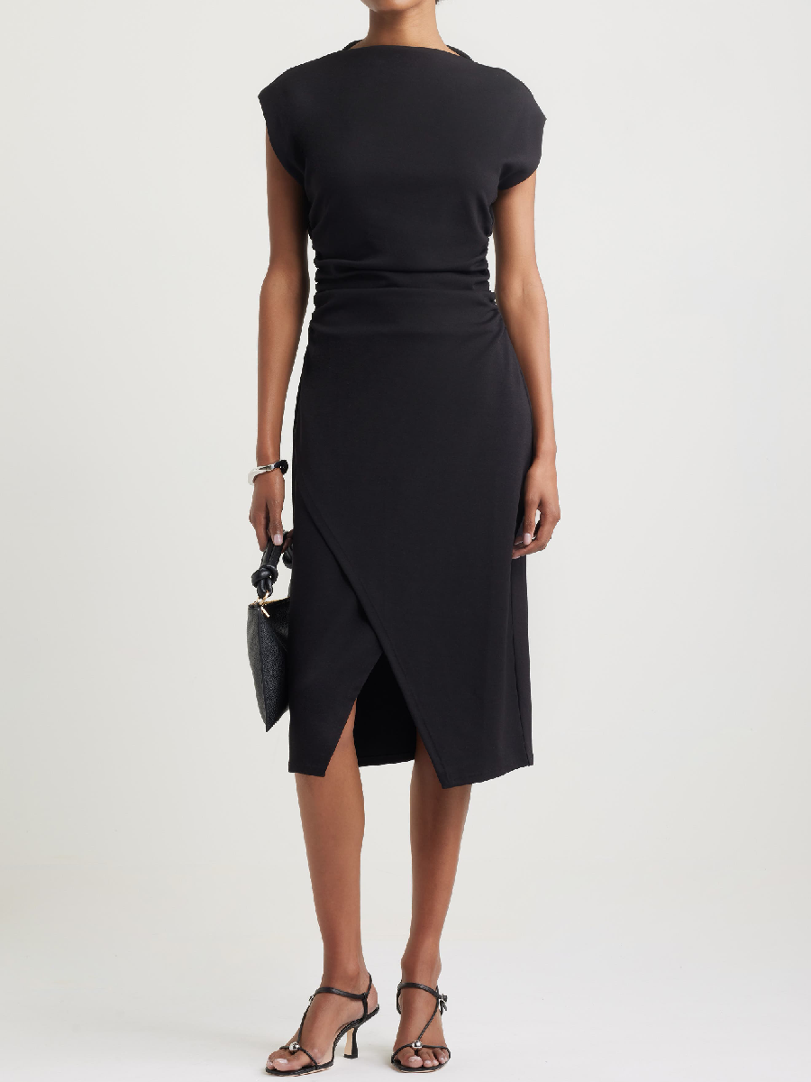 Ruched Funnel Neck Midi Dress