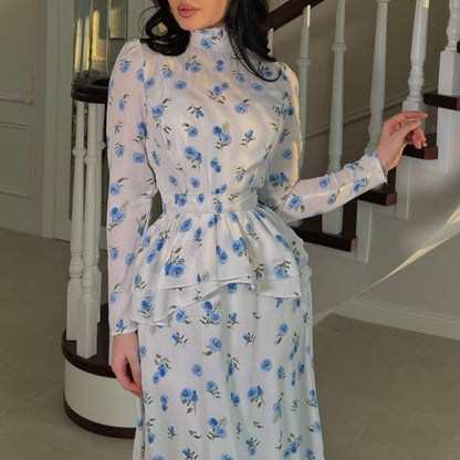 Blue Printed Long Dress