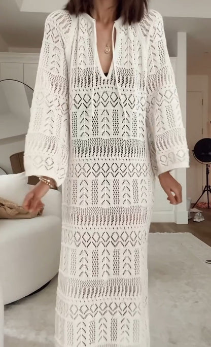 Lace Knit Long Sleeve Cover-Up Midi Dress
