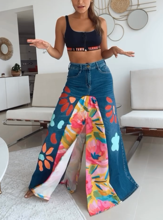 Chic Patchwork Denim Maxi Skirt