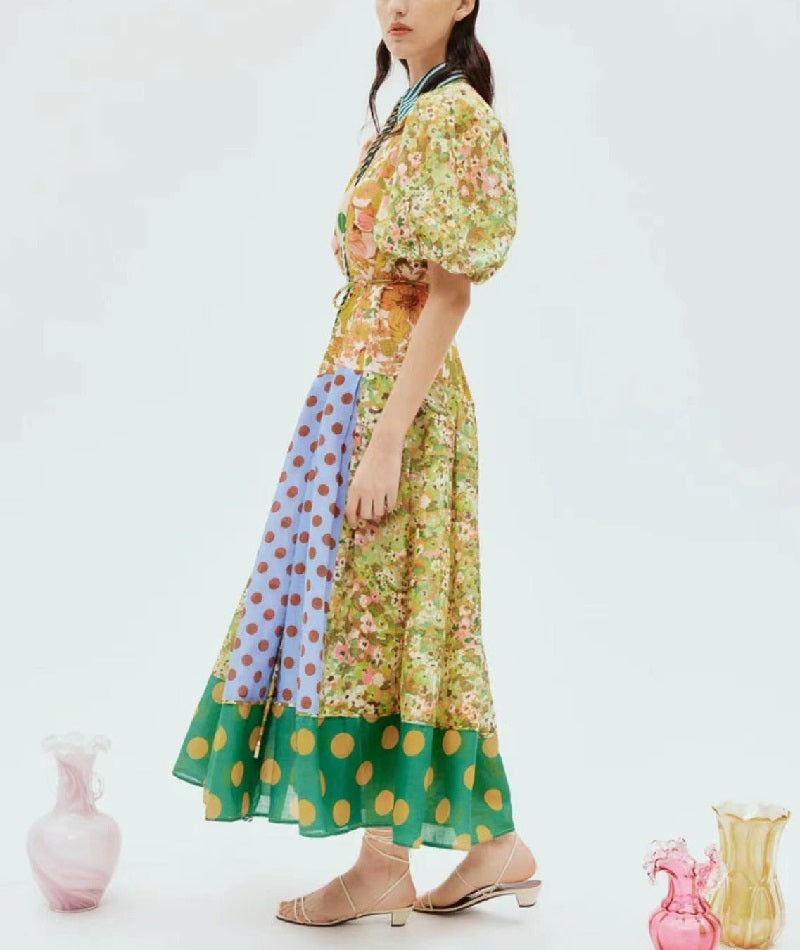 Puff sleeve loose long polka dot dress