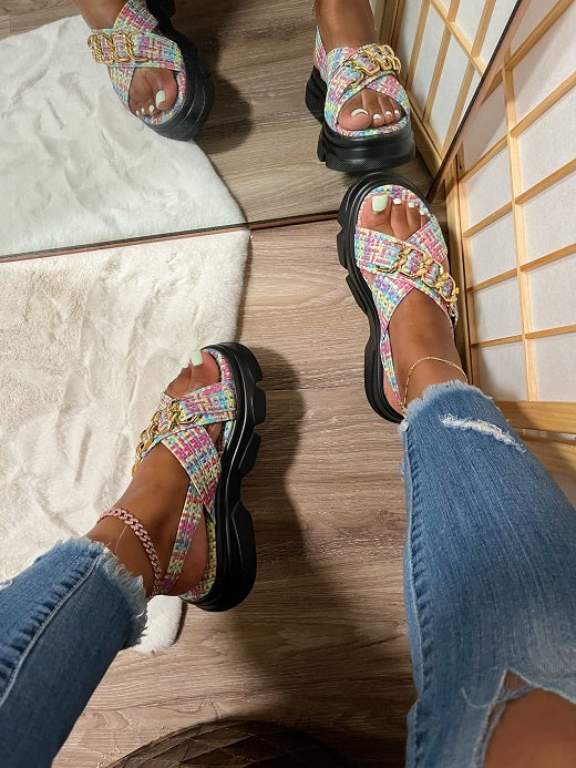 Chic colorful braided cross buckle sandals