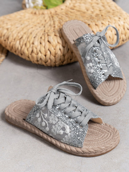 Sequined mesh casual strappy open-toe flat slippers for women