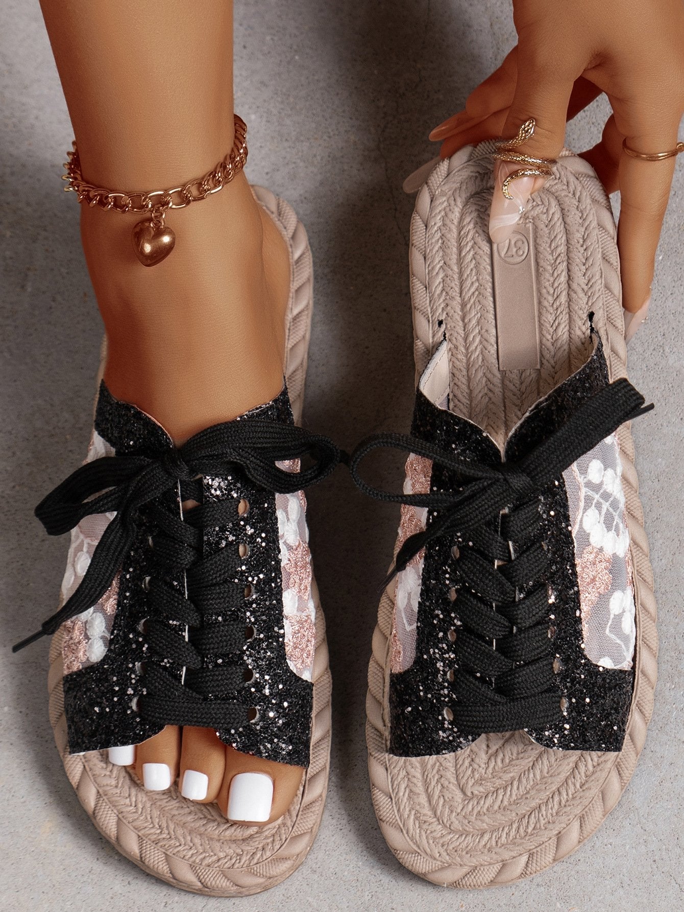 Sequined mesh casual strappy open-toe flat slippers for women