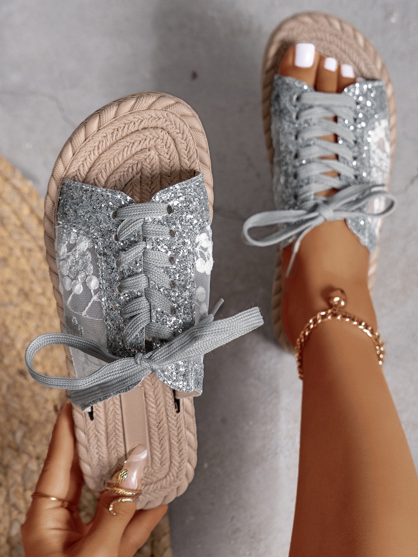 Sequined mesh casual strappy open-toe flat slippers for women