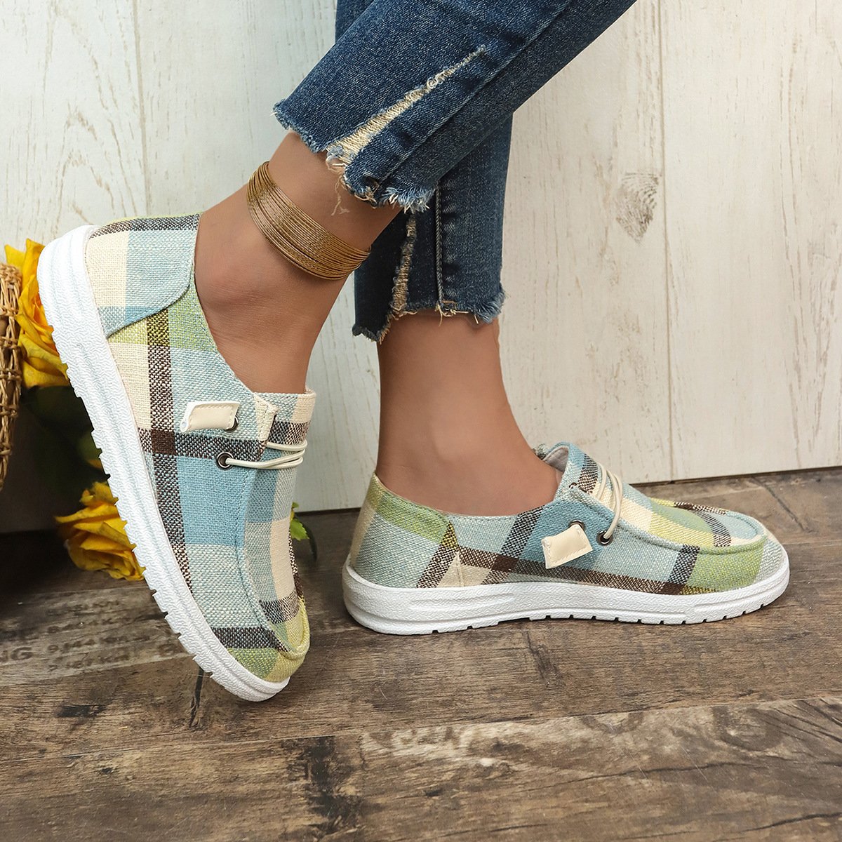 Plaid canvas shoes comfortable flat shoes