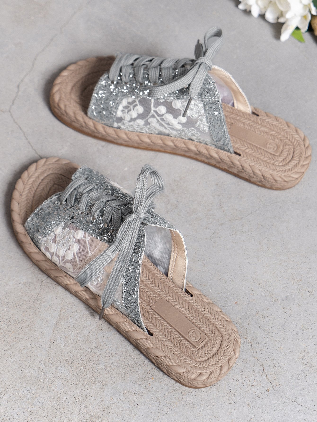 Sequined mesh casual strappy open-toe flat slippers for women