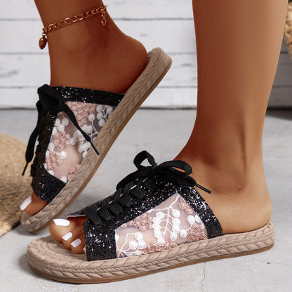 Sequined mesh casual strappy open-toe flat slippers for women