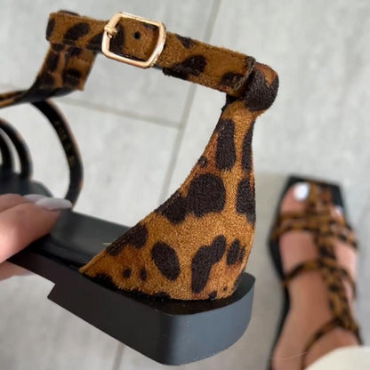 Chic Leopard Print Strappy Square Toe Sandals