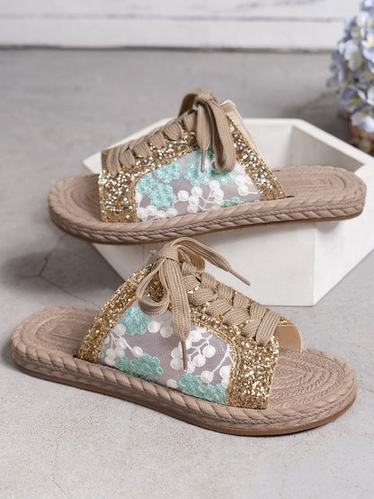 Sequined mesh casual strappy open-toe flat slippers for women